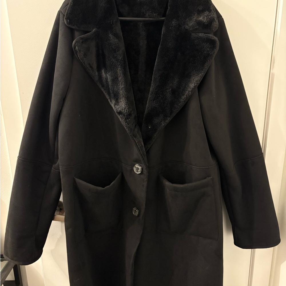 Ralph Lauren Black Faux Fur Trim Coat